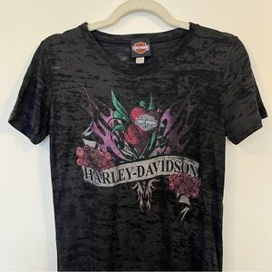 Harley Davidson Floral Black Top T-Shirt Tattoo Flower Motorcycle Large Utah Hog